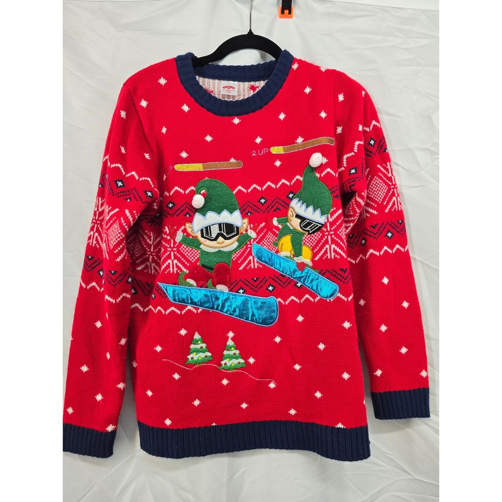 Holiday Time Kids Red Snowboarding Elves UglyChristmasSweater XL 14-16 Fair Isle